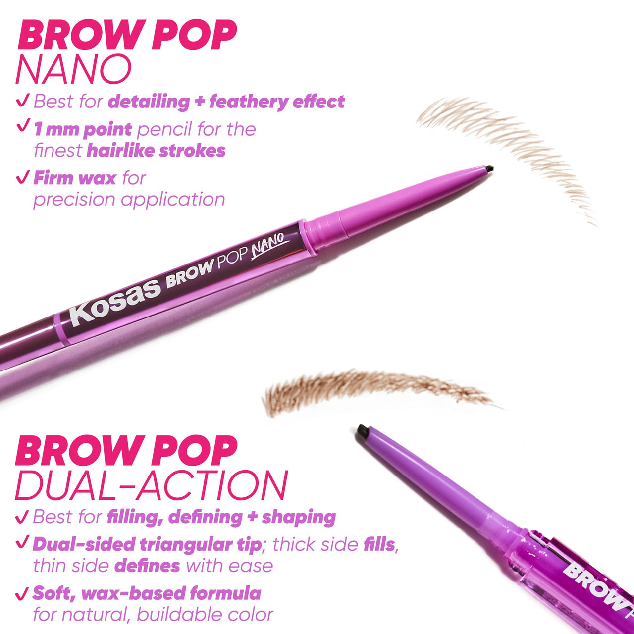 Kosas Brow Pop Nano Eyebrow Pencil – Ultra-Fine 1mm Micro Brow Pencil with Spoolie, Black