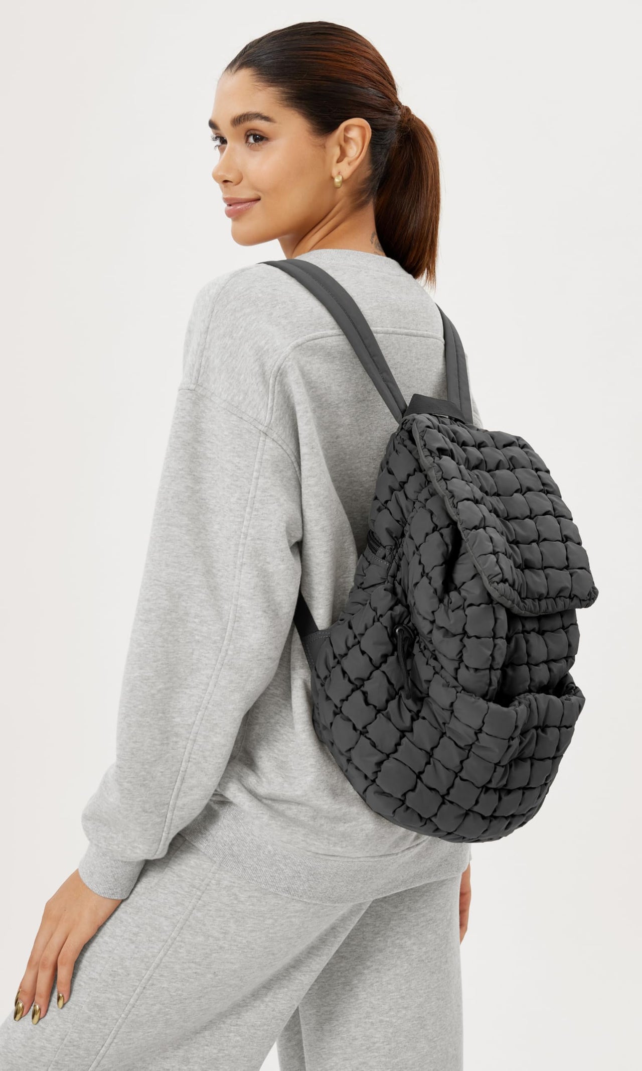ODODOS Quilted Backpack 2.0 for Women Lightweight Puffer Hiker Pack Drawstring Padding Travel Gym Bag, Charcoal
