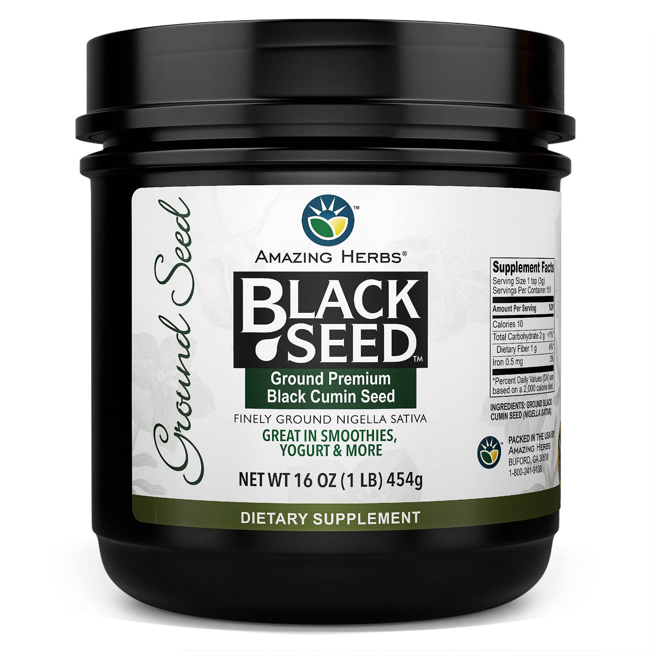 Amazing Herbs Premium Ground Black Cumin Seeds - Finely Ground Nigella Sativa, Gluten Free, Non GMO, Supports Cardiovascular Function & Preserves Digestive Health - 16 Oz