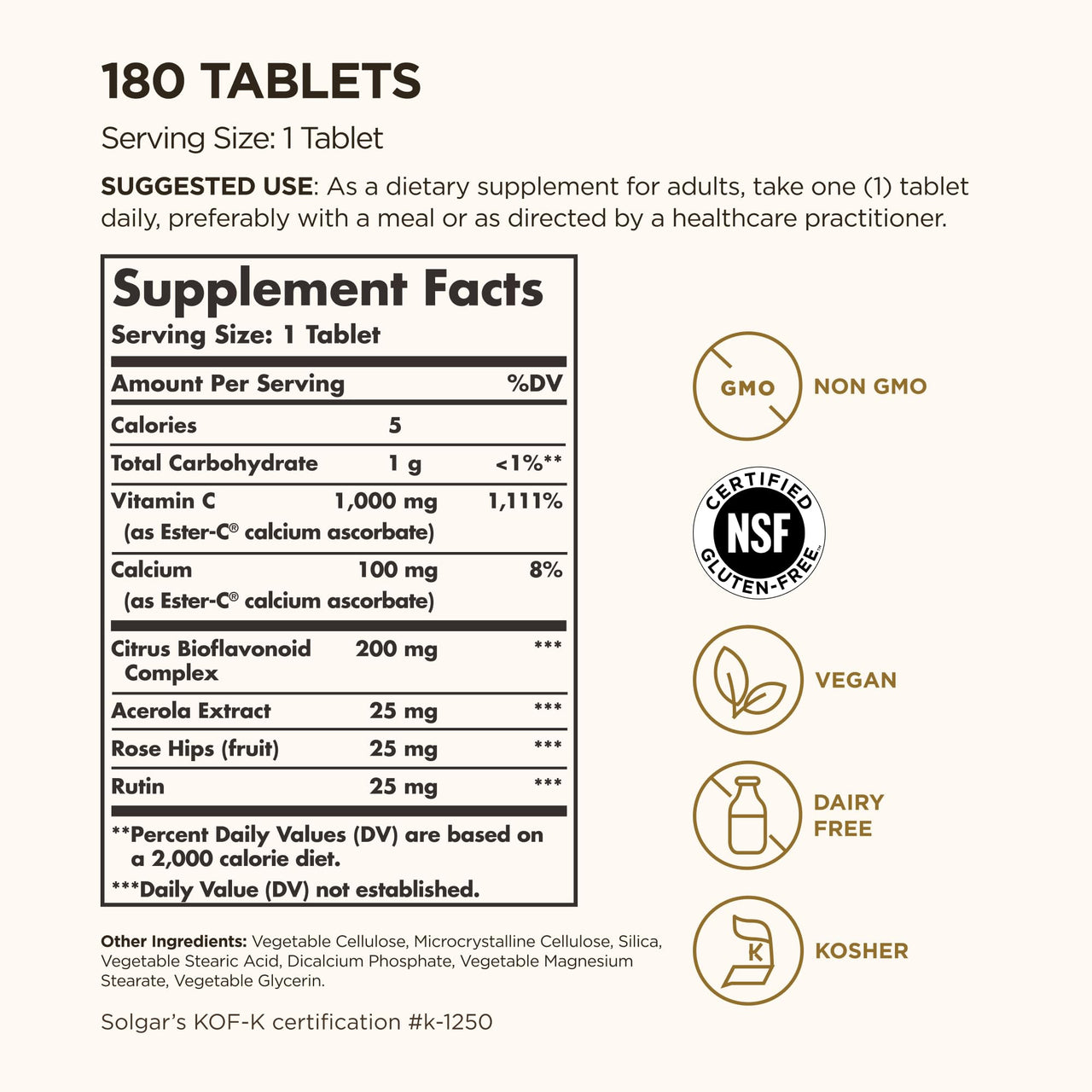 Solgar Ester-C Plus 1000 mg Vitamin C (Ascorbate Complex) - 180 Tablets - Gentle & Non Acidic - Supports Upper Respiratory Health - Non-GMO, Gluten-Free - 180 Servings
