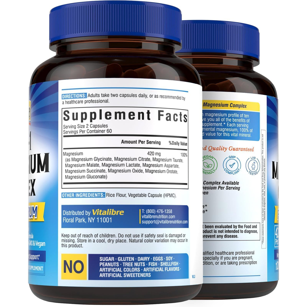 Vitalibre 10 in 1 Magnesium Complex, 420mg Elemental Magnesium | Ultra Strength, Max Absorption | Chelated Magnesium Supplement for Nerves, Bone & Heart Health | Non-GMO, 120 Vegan Capsules