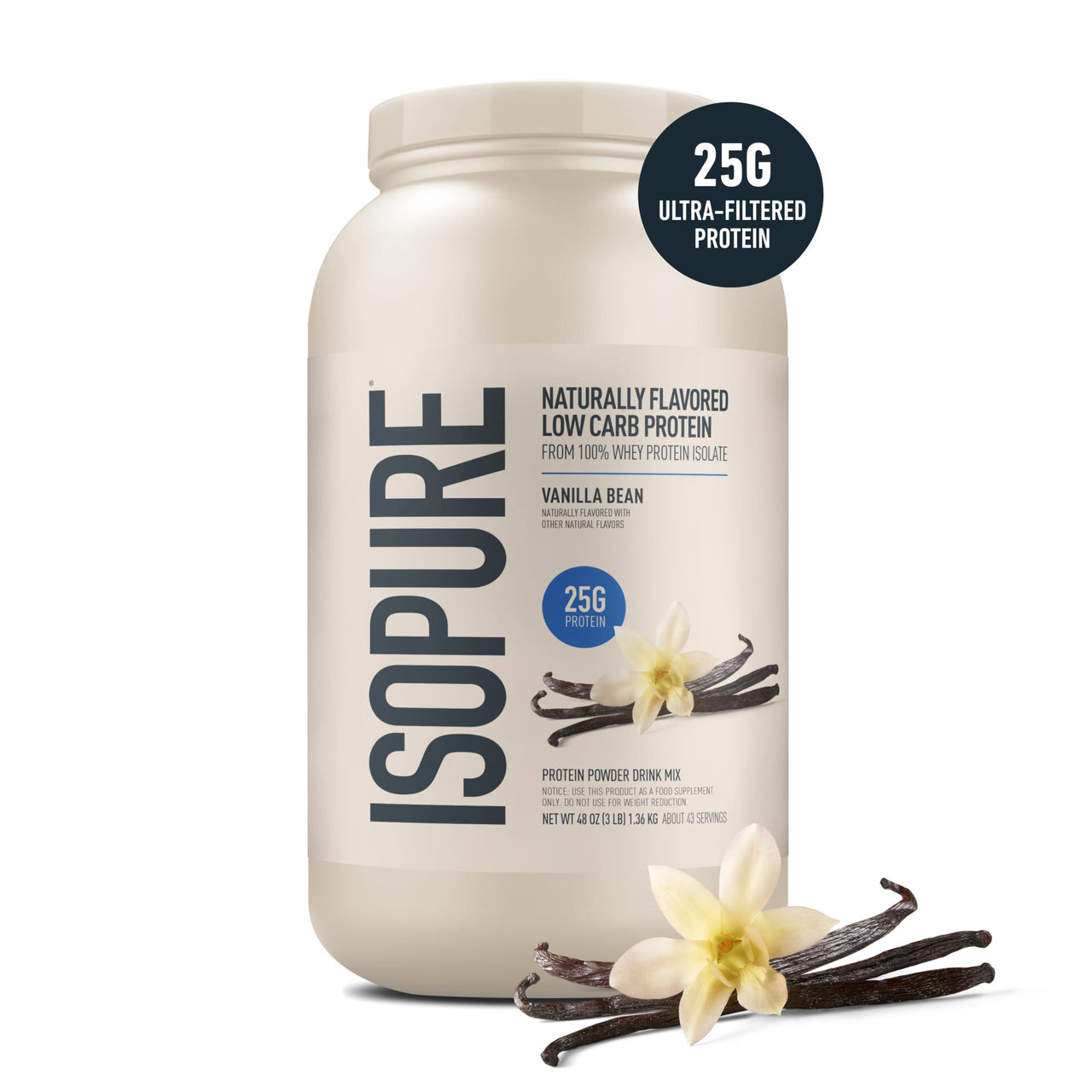 Isopure Low Carb 100% Pure Whey Isolate Protein Powder, Lactose Free, Gluten Free, with Vitamins, Vanilla, 25g Protein Per Serving, 3 Lbs, 43 Servings (Packaging May Vary)