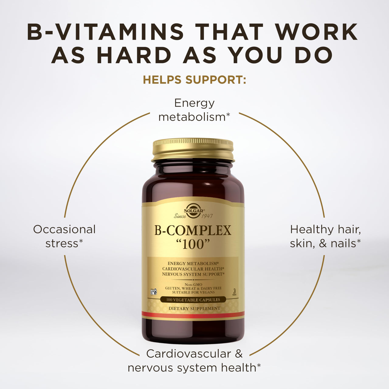 Solgar B-Complex "100", 100 Vegetable Capsules - Nervous System Support - Supports Energy Metabolism - Non-GMO, Vegan, Gluten Free, Dairy Free, Kosher - 100 Servings