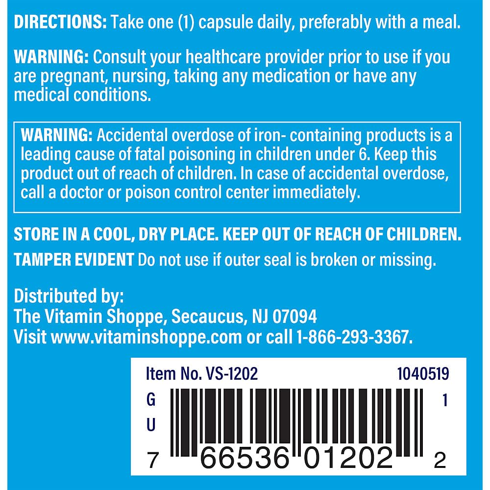 The Vitamin Shoppe Iron 28G, Well Absorbed Forms of Iron, Supports Immune Health & Energy Production, Essential Mineral, Once Daily (100 Capsules)