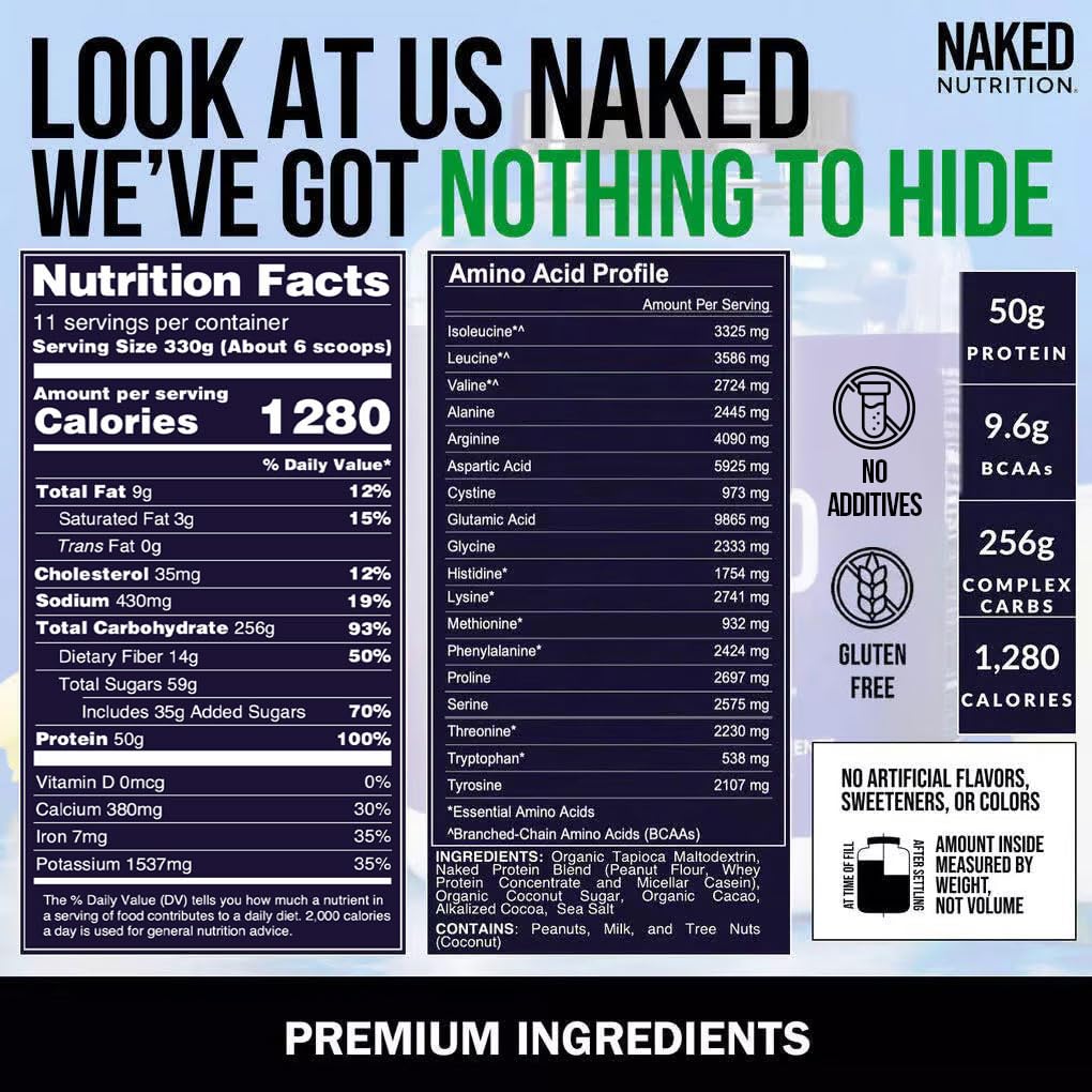 NAKED Chocolate Peanut Butter Mass Protein 8LB - EAAs (50 Servings) - BCAAs (100 Servings) – Bulk; Vegan; Non-GMO; Gluten Free; Soy Free