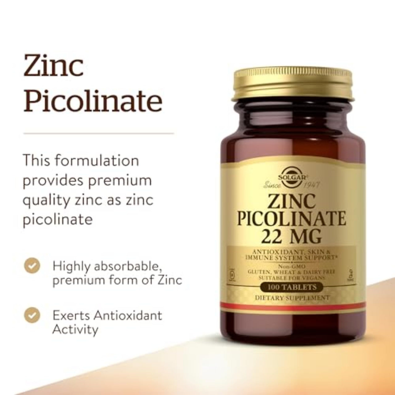 Solgar Zinc Picolinate 22 mg, 100 Tablets - Promotes Healthy Skin - Supports Immune System, Normal Taste & Vision - Antioxidant – Non-GMO, Vegan, Gluten Free, Kosher - 100 Servings