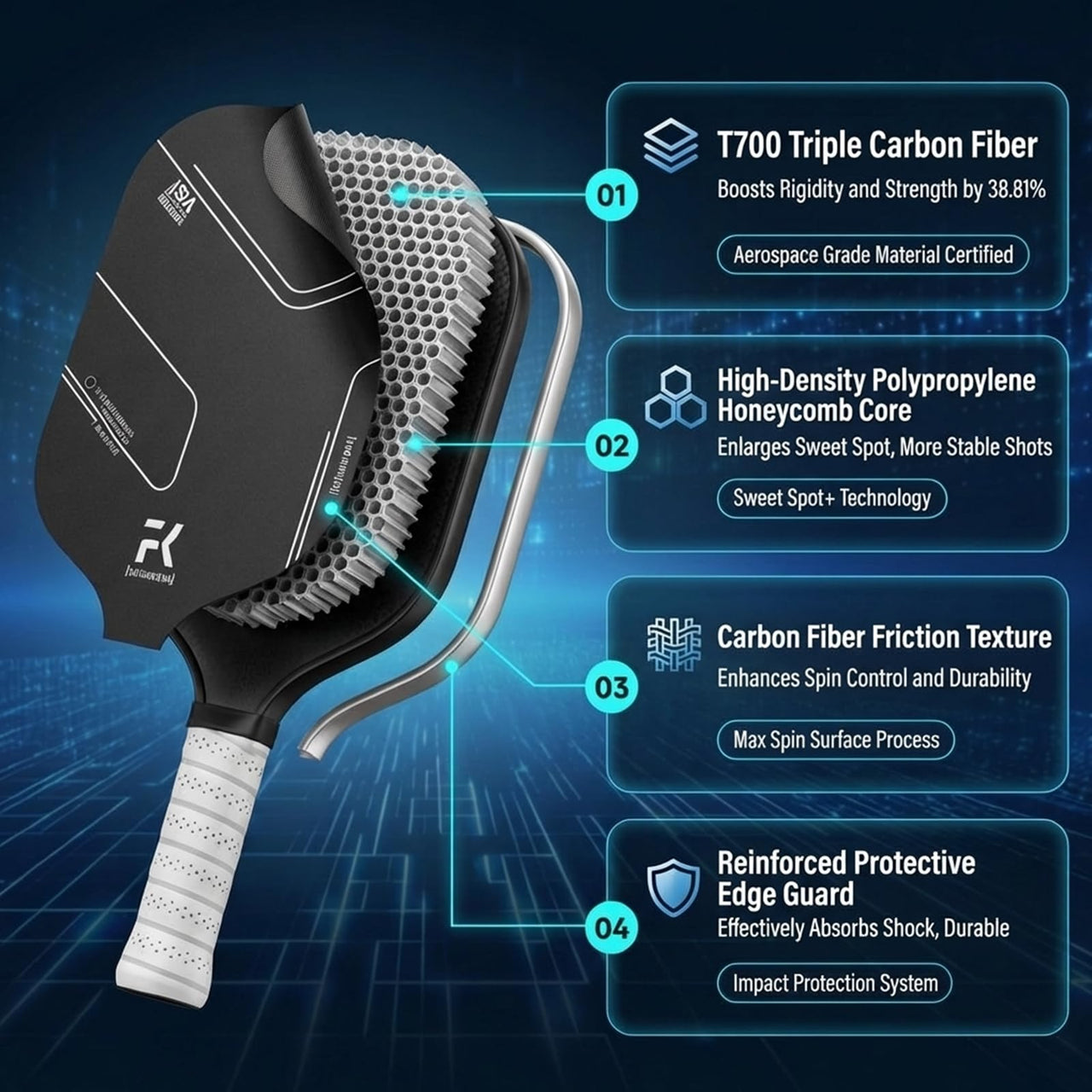 FeichangKeji Pickleball Paddles Set of 2 T700 & 16mm Carbon Fiber Pickleball Paddles with CMS Matte Surface Lightweight Honeycomb Core & Durable Edge Guard Protector & Comfortable Grip