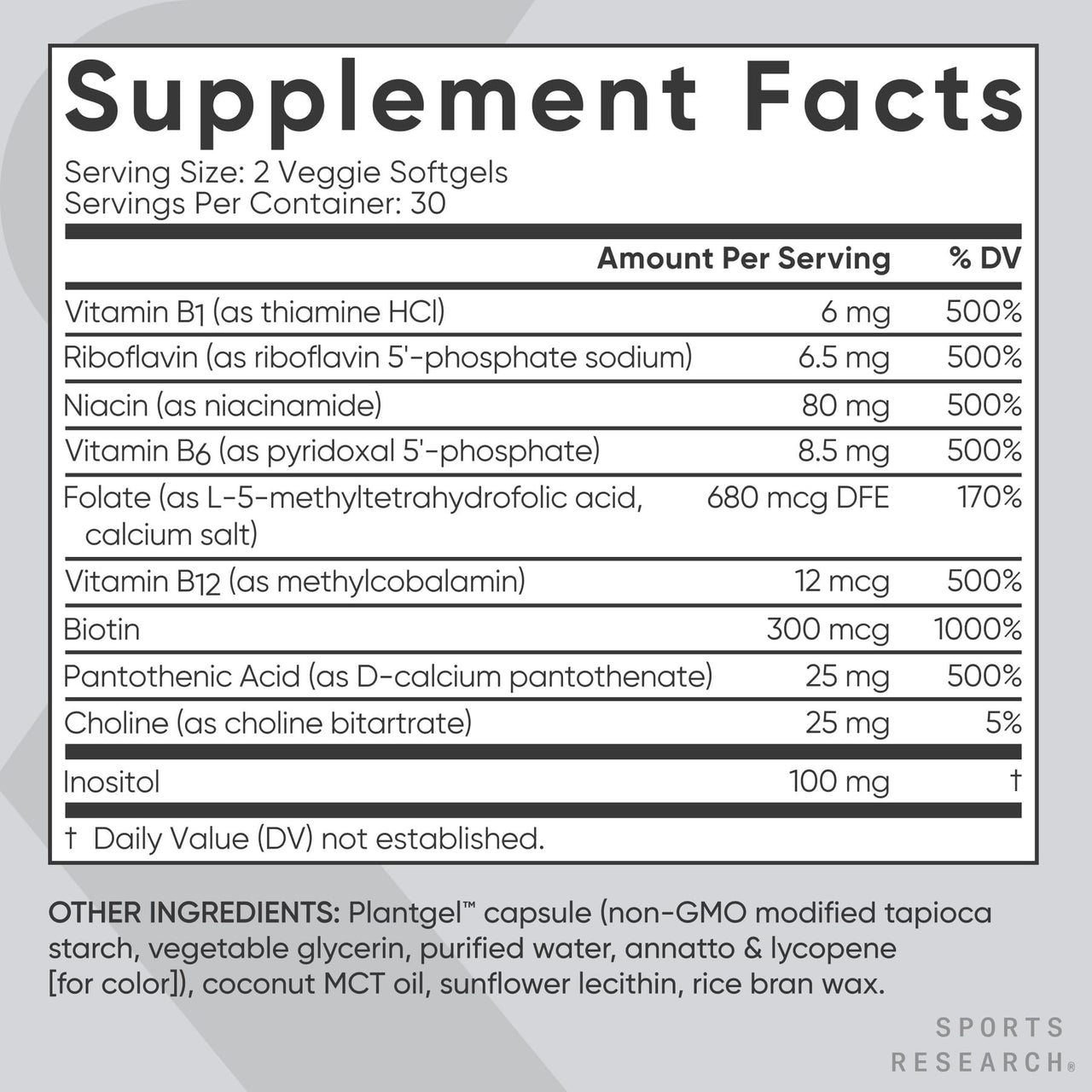 Sports Research® Vitamin B-Complex - Full Spectrum of B Vitamins with Methylated B12 & Folate - Gluten Free · Plant-Based · Non-GMO · Vegan-Friendly Formula - 60 Veggie Softgels