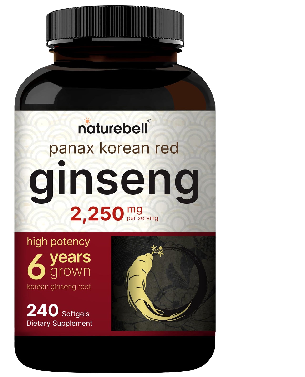 NatureBell Korean Red Ginseng 2,250mg Per Serving, 240 Softgels | Panax Ginseng Root, Standardized to 10% Ginsenosides, Non-GMO, Support Energy, Male Performance, & Immune System