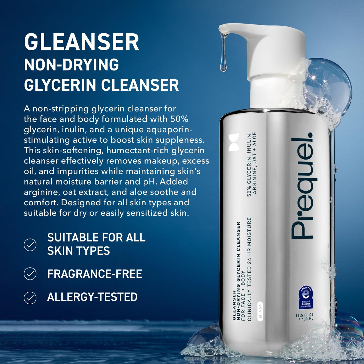 Prequel Gleanser, Moisturizing Glycerin Face Wash, Unscented Cleanser for Sensitive and Dry Skin, 6.75 fl oz Pump Bottle (Pack of 2)