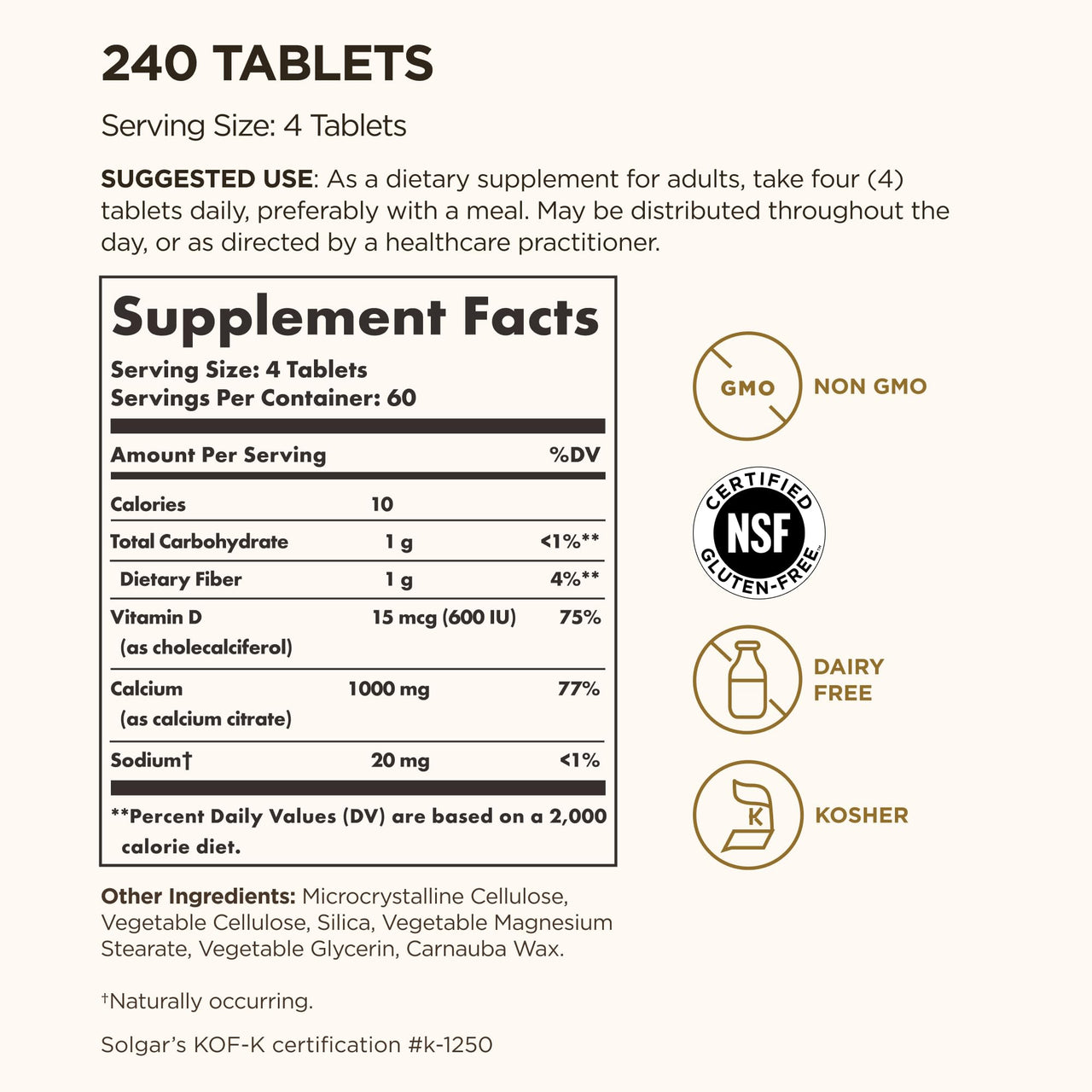 Solgar Calcium Citrate with Vitamin D3, 240 Tablets - Promotes Healthy Bones & Teeth, Supports Musculoskeletal & Nervous Systems - Non-GMO, Gluten-Free, Dairy Free, Kosher - 60 Servings