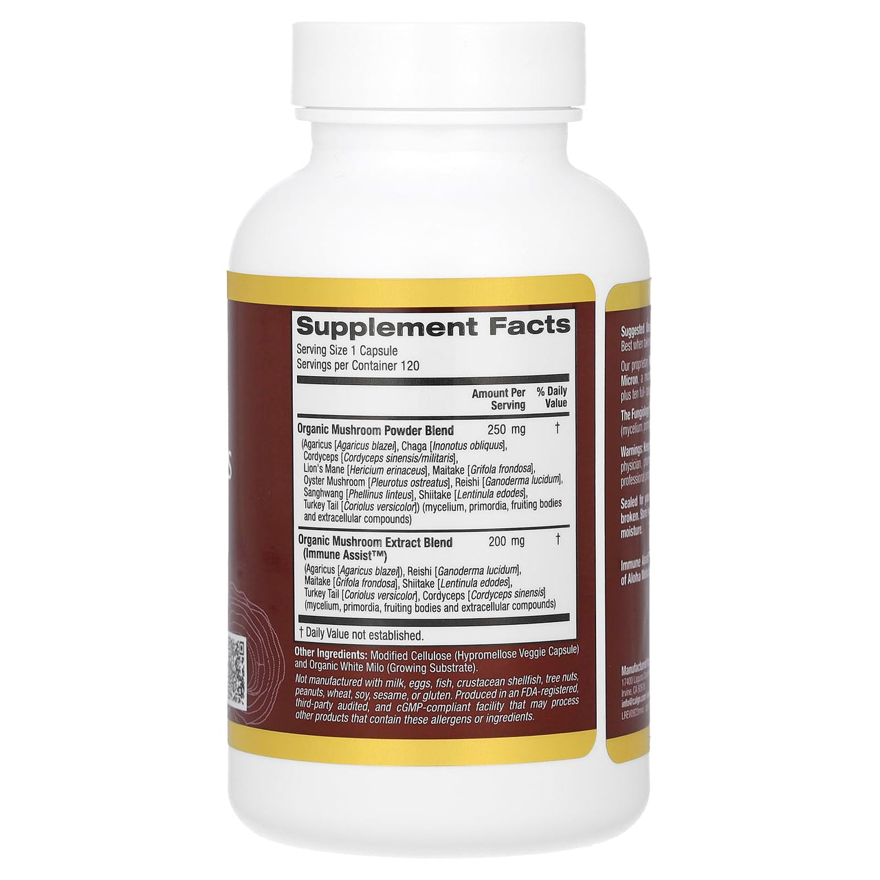 California Gold Nutrition Fungiology, MushRex Plus, Full-Spectrum Ten Mushroom Complex with Agaricus, Chaga, Cordyceps, and Lion's Mane, 120 Plantcaps