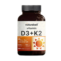Thumbnail for NatureBell Vitamin D3 K2-240 Softgels - 5,000 IU Vitamin D3 & 100mcg Vitamin K2 MK-7 - with Virgin Coconut Oil - Bone, Heart & Immune Health Support* - Duo-Ack Formula