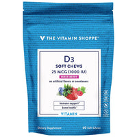 Thumbnail for The Vitamin Shoppe D3 1,000IU - Mixed Berry Flavored Chews, Supports Bone & Immune Health, Aids in Cellular Growth & Calcium Absorption, Gluten Free & Once Daily Formula (60 Soft Chews)