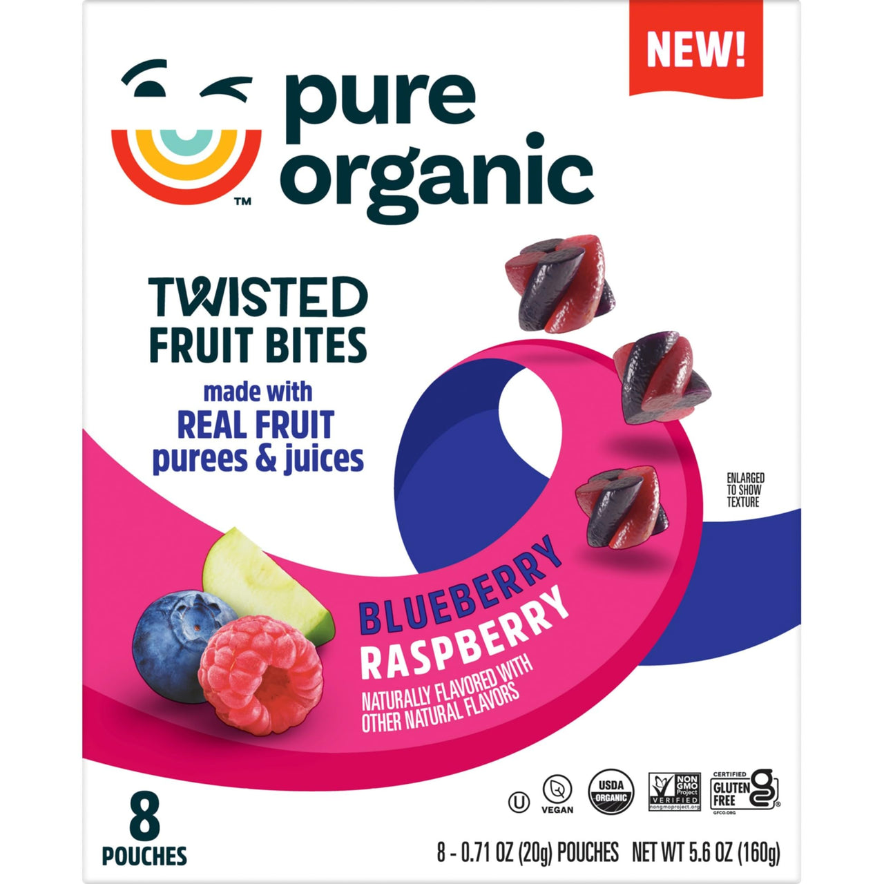 Pure Organic Twisted Fruit Bites, Kids Snacks, Fruit Snacks, Blueberry Raspberry, 5.6oz Box (8 Pouches)