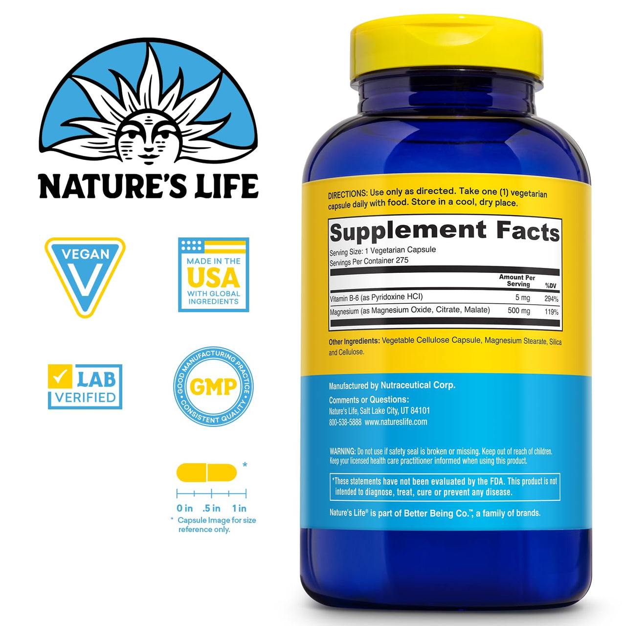 Natureâ€™s Life Renewing Magnesium 500 mg - Magnesium Citrate, Magnesium Malate, Magnesium Oxide Plus Vitamin B-6 - Muscles and Nerves Support - Lab Verified - 275 Servings, 275 VegCaps