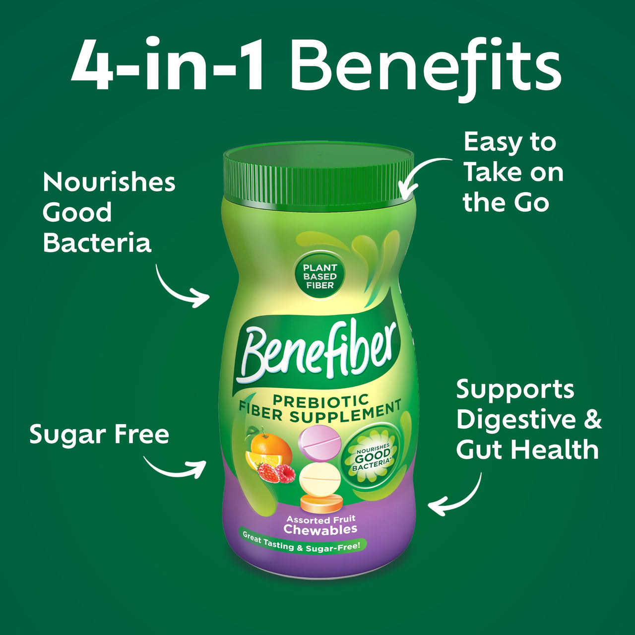 Benefiber Chewable Prebiotic Fiber Supplement Tablets for Digestive Health, Assorted Fruit Flavors - 100 Count