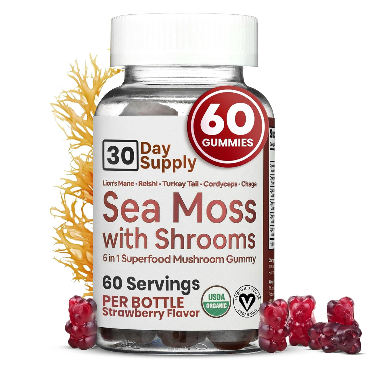 Atlantic Naturals Sea Moss Gummies with Lions Mane Mushroom | Sea Moss Gel Alternative with Irish Sea Moss Reishi, Cordyceps Chaga & Turkey Tail Supplement | Helps Immunity Energy & Focus | 60 Gummies