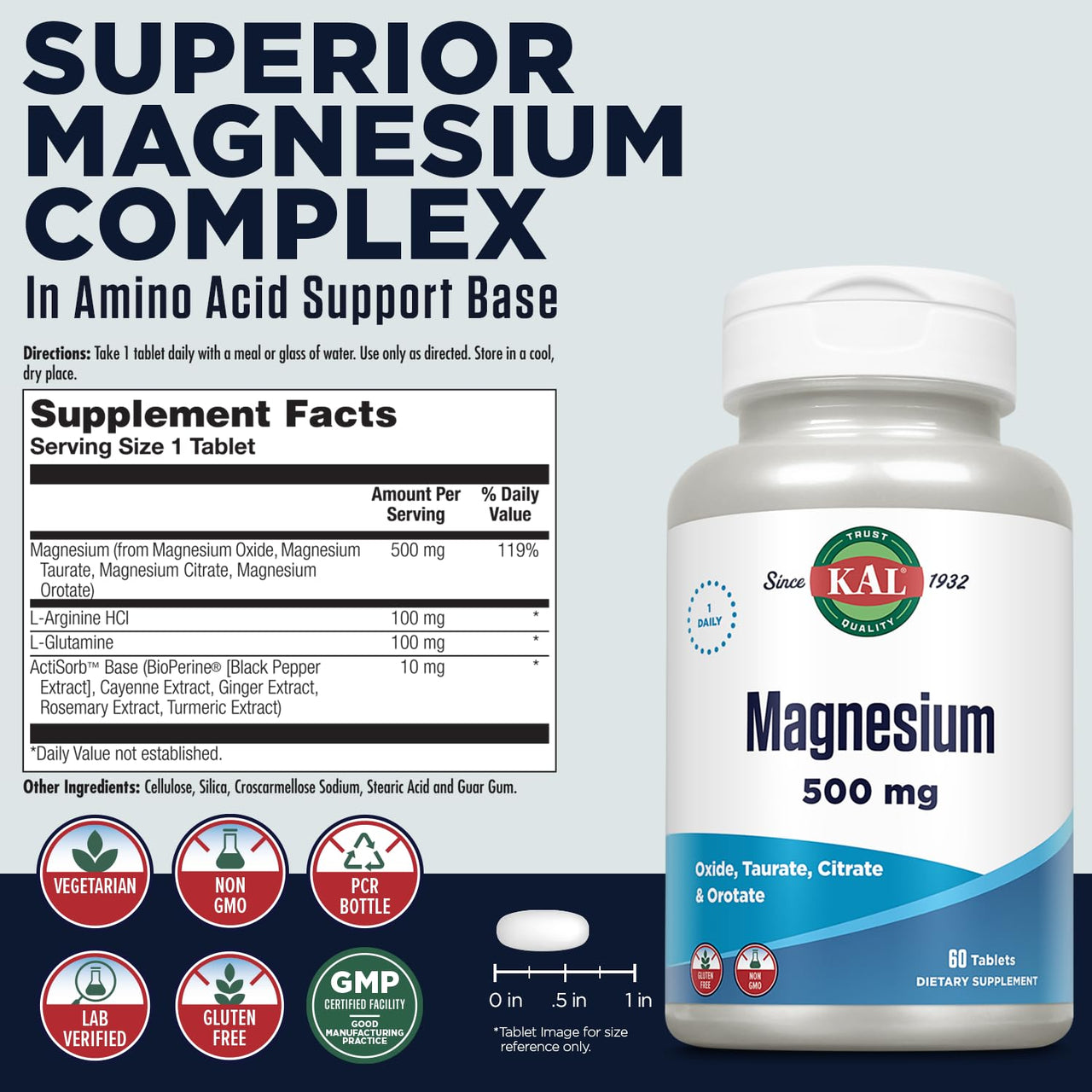 KAL Magnesium Tablets - Magnesium Oxide, Taurate, Citrate & Orotate Supplement, 500 mg per Serving, Enhanced Absorption, Bioavailable Formula for Men & Women, Non-GMO, Vegetarian - 60 Count Tablets
