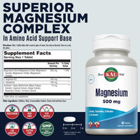 Thumbnail for KAL Magnesium Tablets - Magnesium Oxide, Taurate, Citrate & Orotate Supplement, 500 mg per Serving, Enhanced Absorption, Bioavailable Formula for Men & Women, Non-GMO, Vegetarian - 60 Count Tablets