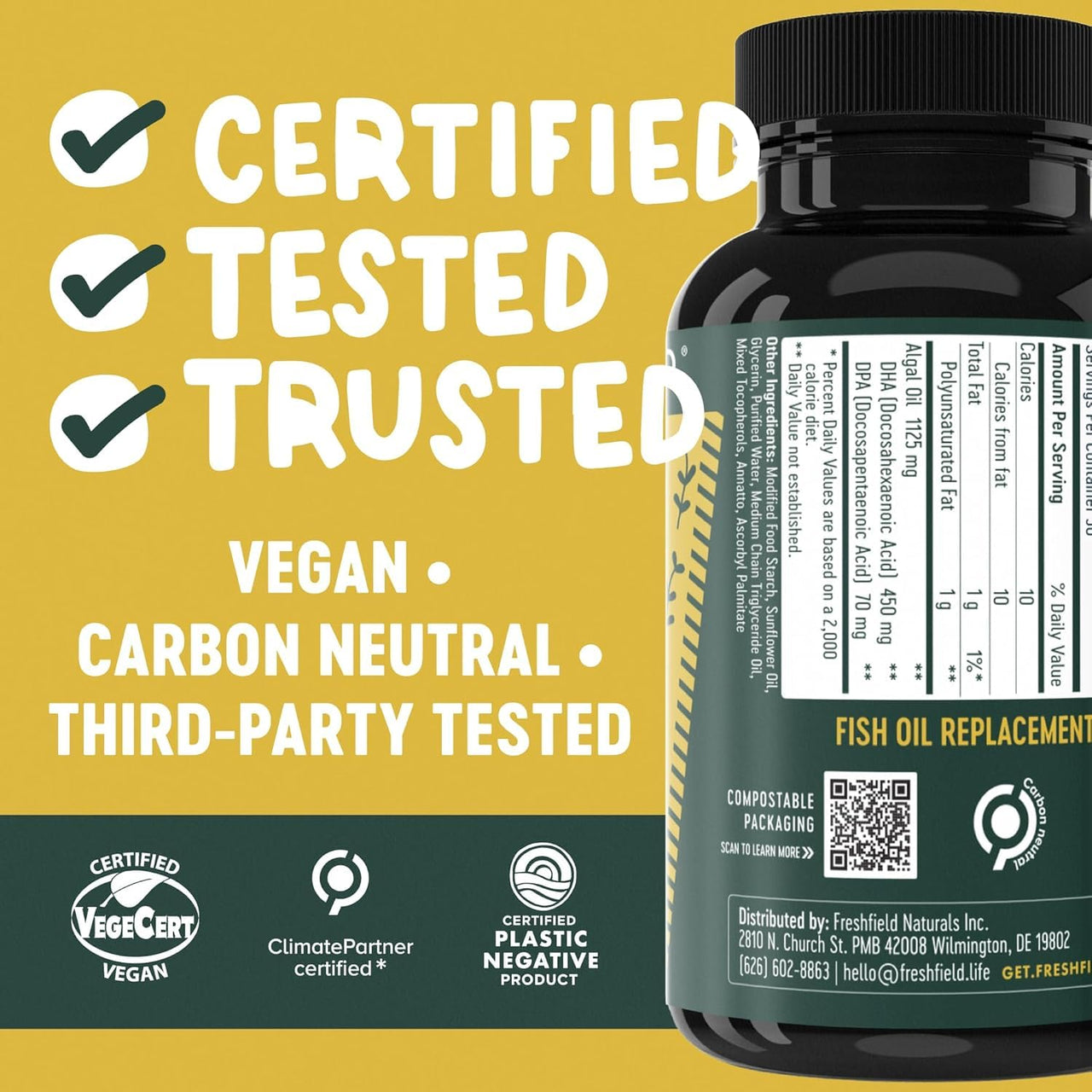 Freshfield Vegan Omega 3, Algae (Algal) Oil, Fish Oil Free Company, Third Party Tested, Carrageenan Free, DHA Supplement w/DPA, Plant Based Omega. Supports Heart, Brain, Joint Health
