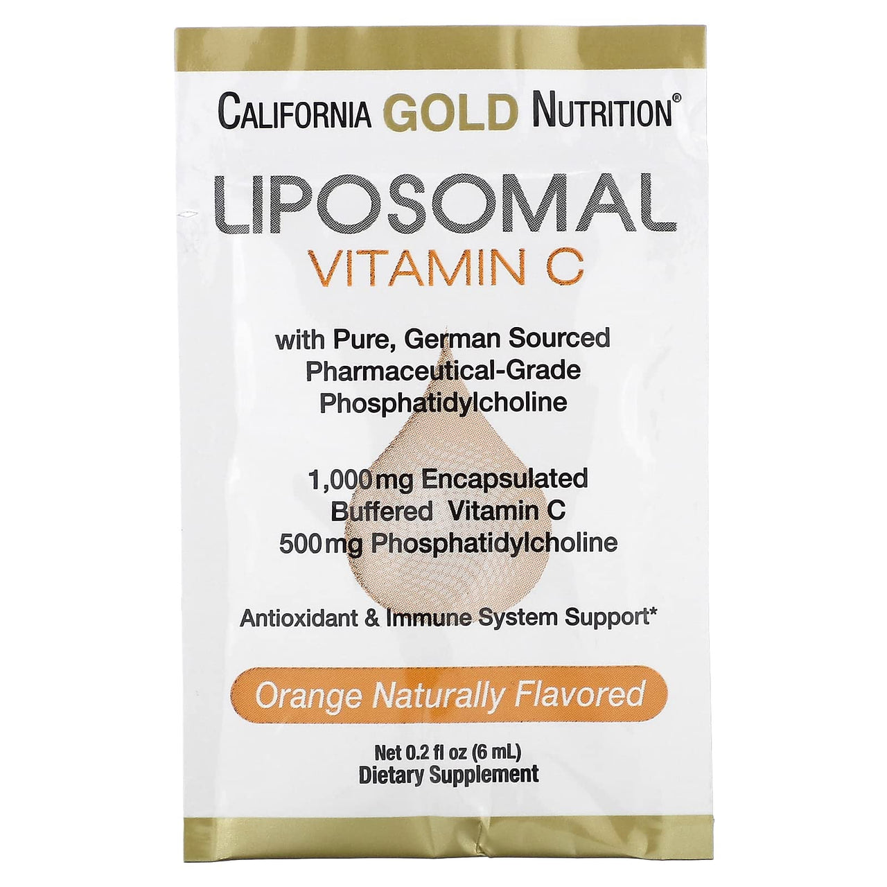 Liposomal Vitamin C by California Gold Nutrition - Liquid Supplement for Antioxidant & Immune Support - Vegan Friendly - Gluten Free, Non-GMO - 1,000 mg - 30 Packets - Natural Orange Flavor