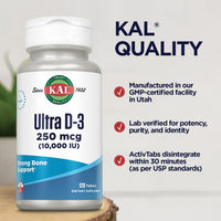 Thumbnail for KAL Ultra Vitamin D3 10000 IU 250 mcg, High Potency Vitamin D Tablets, Calcium Absorption, Bone Health and Immune Support Supplement, Rapid Disintegration D-3 ActivTabs, 120 Servings, 120 Tablets