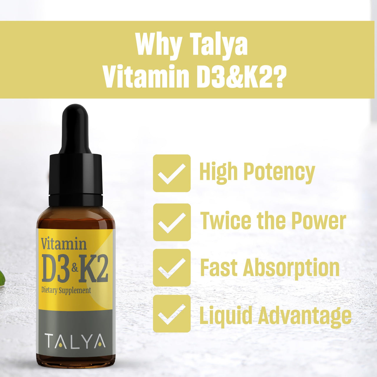 TALYA Vitamin D3 & K2 | Liquid Vitamin D3 with K2 Drops | 1000 IU | Immune Support - Helps Support Strong Bones & Healthy Heart | Non-GMO | Vegan | 60 Servings, 0.34 fl.oz