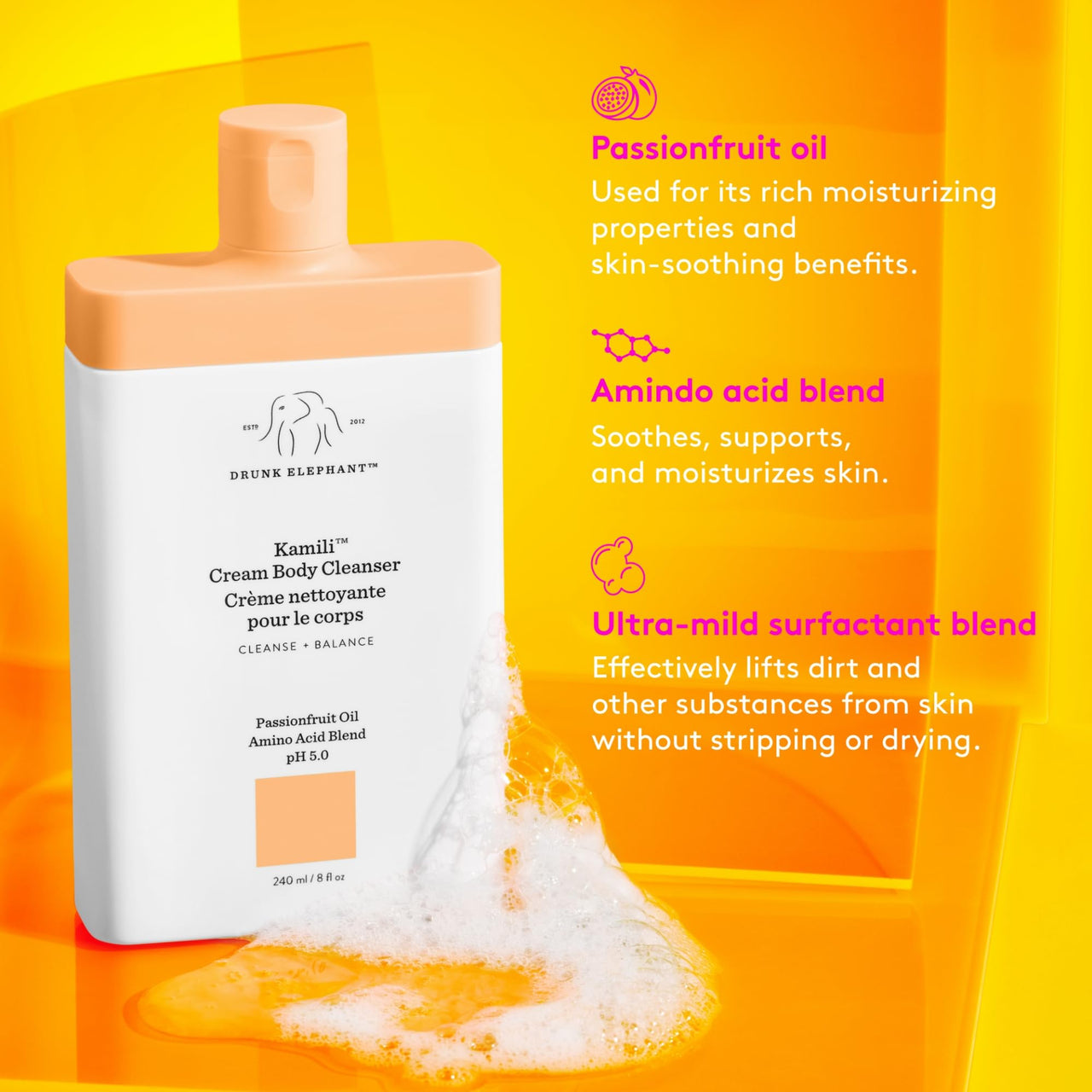 Drunk Elephant Kamili Cream Body Cleanser - 240 ml/8 fl oz - Sulfate-Free Body Wash - Clean Clinical Skincare - Cruelty-Free - Free of Essential Oils, Silicones, and SLS