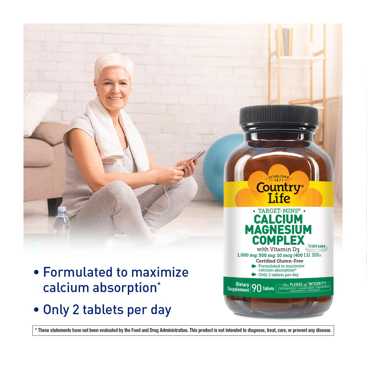 Country Life Target-Mins Calcium Magnesium with Vitamin D-Complex, 1000mg/500mg/10mcg, 90 Tablets, Certified Gluten Free, Certified Vegetarian