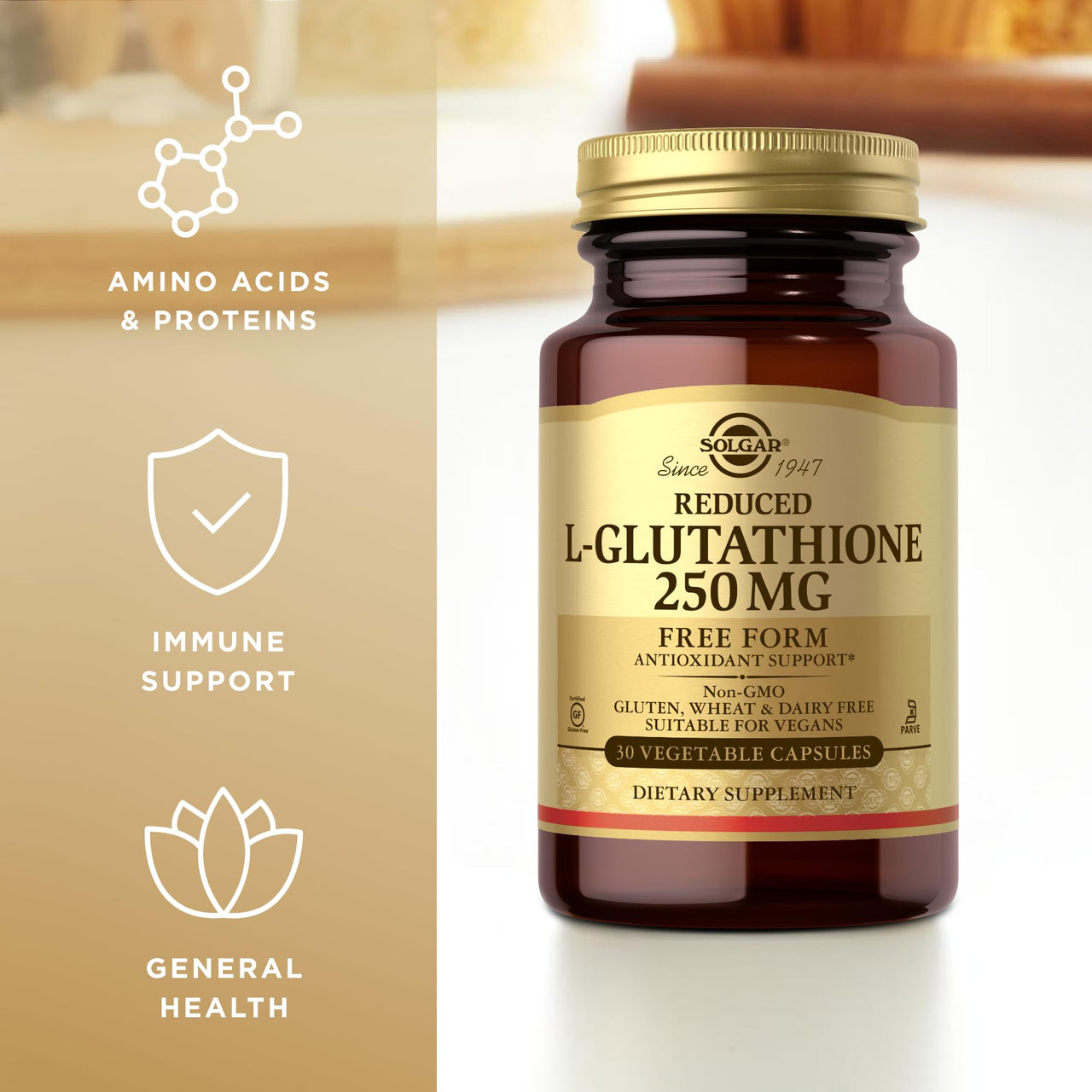 Solgar Reduced L-Glutathione 250 mg - 30 Vegetable Capsules - Antioxidant Support - Non-GMO, Vegan, Gluten Free, Dairy Free, Kosher - 30 Servings