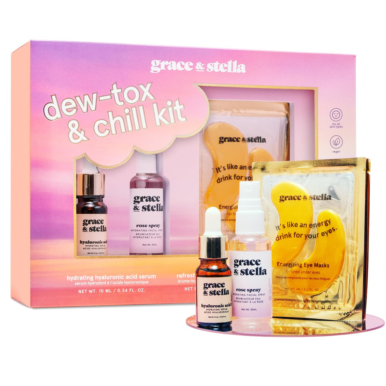 grace & stella Award-Winning Skin Care Set - Gifts for Women - Travel Essentials with Gold Eye Masks, Hyaluronic Acid Serum & Rose Spray, Beauty Gift Set - Birthday & Bachelorette Favors