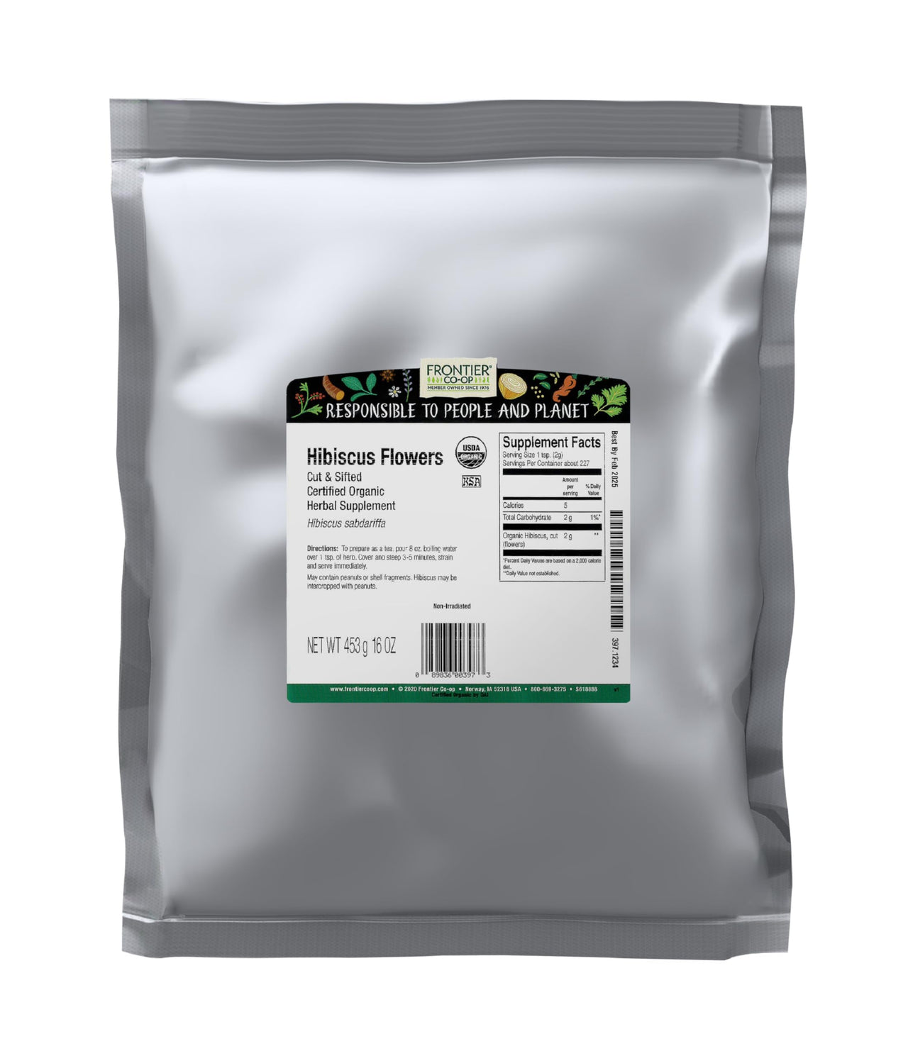 Frontier Co-op Organic Hibiscus Flowers, 16 Ounce, Sun Dried Bright Red Color, Fruity Flavor, Non Irradiated, Non ETO, Kosher