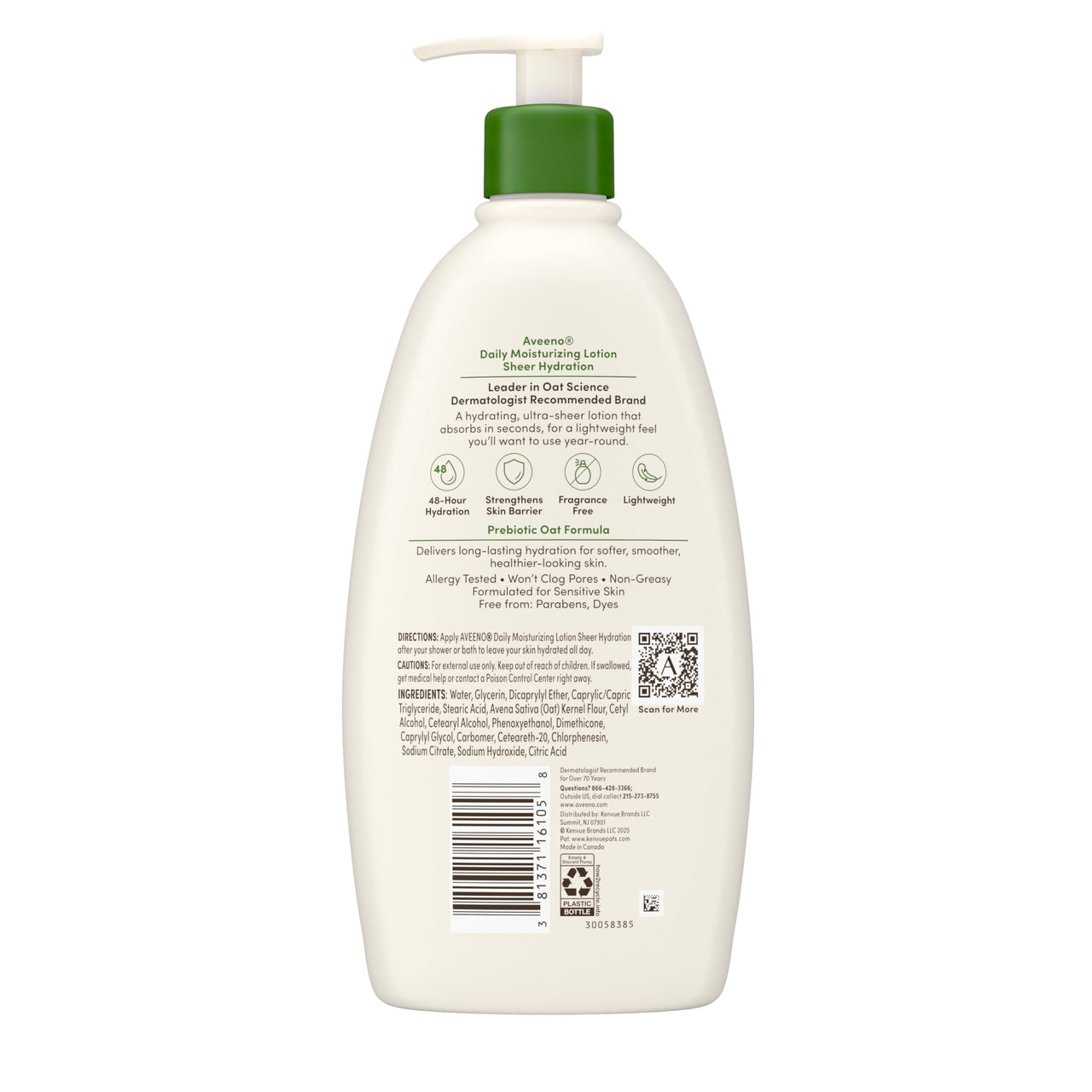Aveeno Sheer Hydration Fragrance-Free Daily Moisturizing Lotion with Prebiotic Oat for Dry Skin, Lightweight, Fast-Absorbing Body Moisturizer Nourishes Skin with 48-hour Moisture, 18 fl. oz