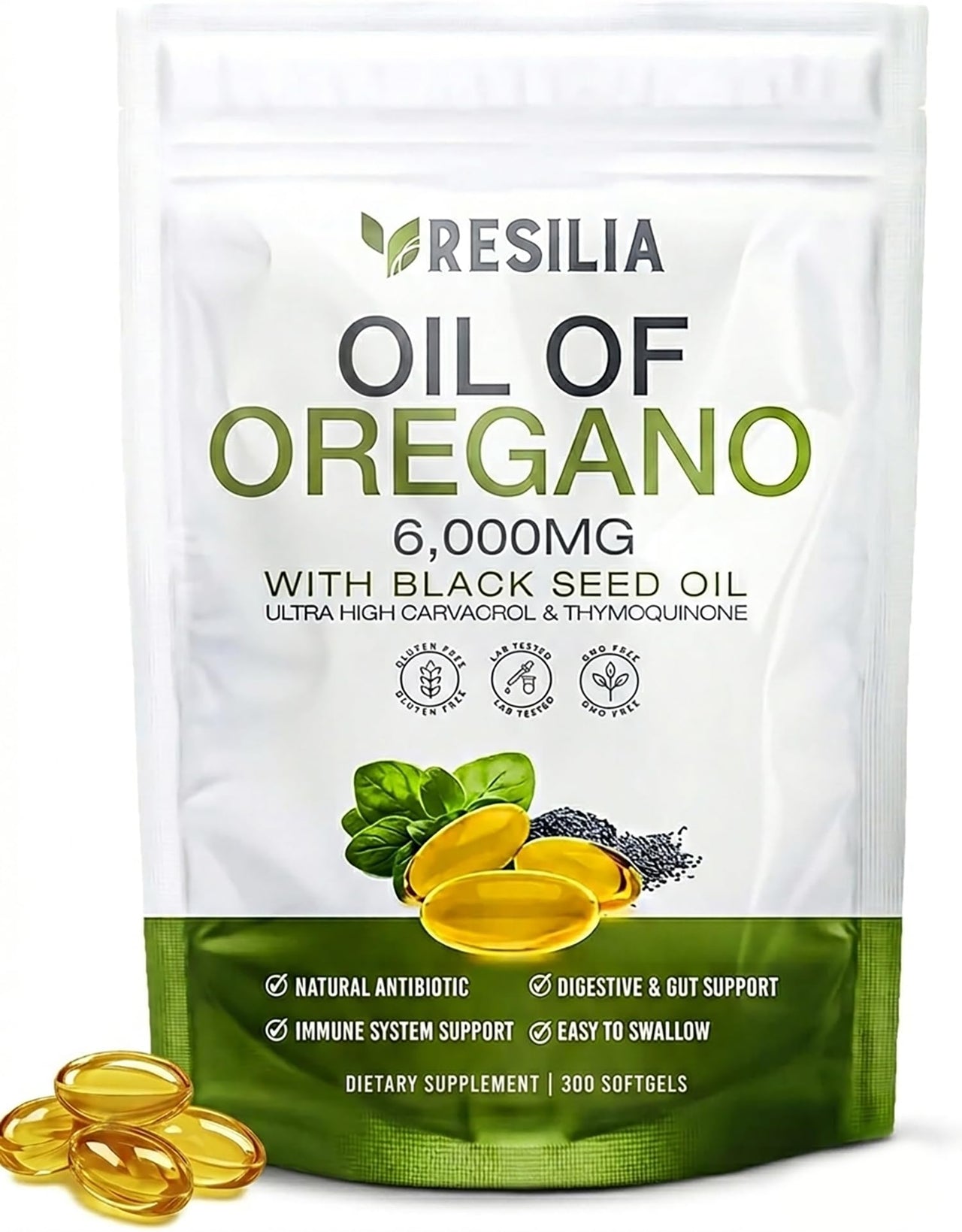 Resilia Softgels with Black Seed Oil 6000mg – Organic Oregano Oil Capsules for Immune & Digestive Support – Non-GMO, Gluten-Free Softgels – Natural Herbal Wellness Supplement (300 Count)