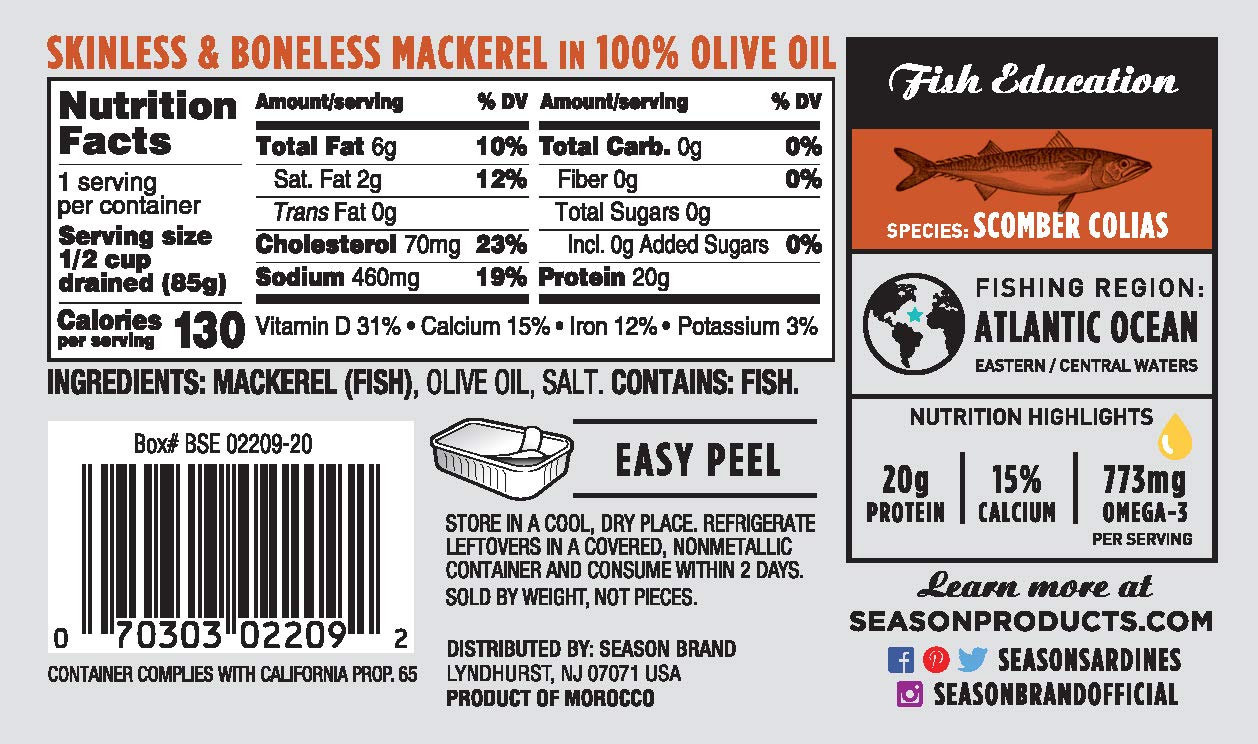 Season Mackerel in Olive Oil - Skinless & Boneless, Wild Caught Fish, Keto Snacks, Canned Mackerel Fillets, Full of Vitamins, Low in Mercury, Kosher, Non-GMO, 20g of Protein - 4.37 Oz, 12-Pack