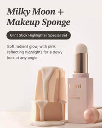 Thumbnail for Glint Stick Highlighter Special Set (Milky Moon(Set), 0.24oz + Egg-Shaped Makeup Sponge) - Multi-Use Illuminator Stick. Korean Makeup by LG Beauty. Creamy & Blendable Color.