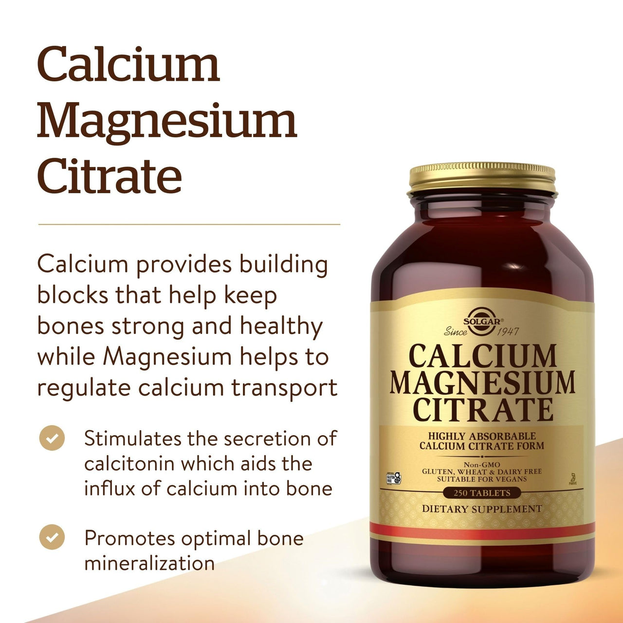 Solgar Calcium Magnesium Citrate, 250 Tablets - Supports Healthy Bones & Teeth - Musculoskeletal & Nervous System Support - Highly Absorbable - Non-GMO and Vegan - 50 Servings