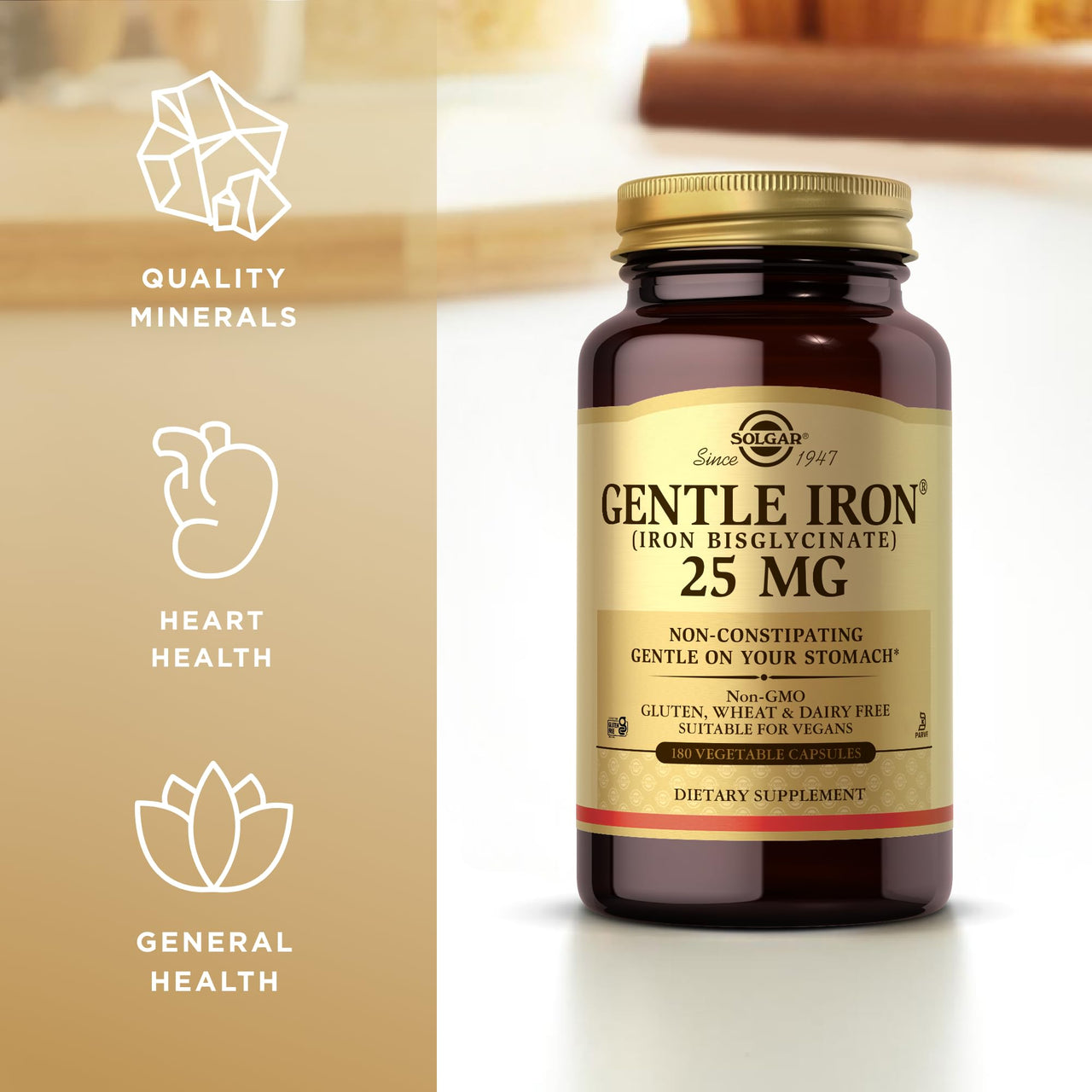 Solgar Gentle Iron, 180 Vegetable Capsules - Ideal for Sensitive Stomachs - Non-Constipating - Red Blood Cell Supplement - Non GMO, Vegan, Gluten Free, Dairy Free, Kosher - 180 Servings