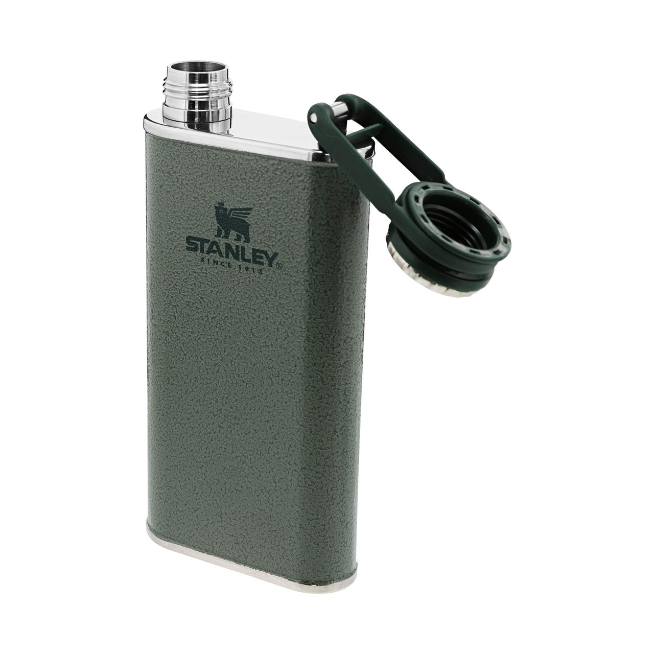 Stanley Classic Easy Fill Wide Mouth Flask 8 oz | Leakproof Hip Flask | Hinge Connected Never Lose Cap | Insulated Stainless Steel Liquor Container | BPA-Free | Hammertone Green