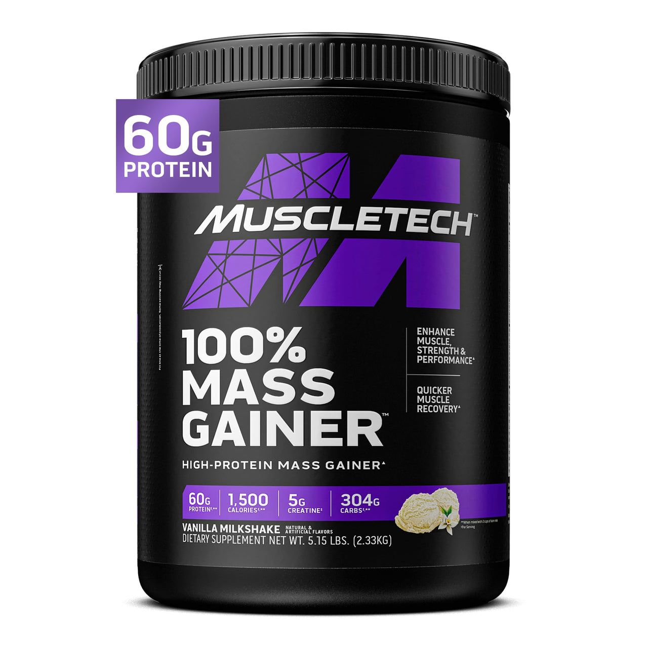 MuscleTech High Protein Mass Gainer for Men & Women - Clean Protein Powder Shakes for Weight Gain, Muscle Building & Recovery with Creatine Monohydrate - Vanilla Milkshake, 5.15 Pound