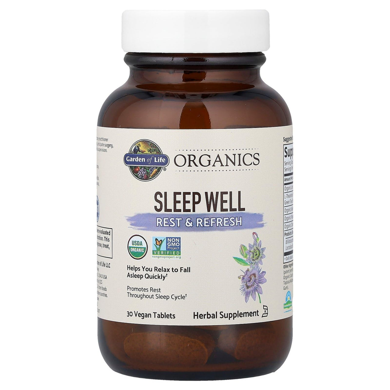 Garden of Life Organics Sleep Well Rest & Refresh 30 Tablets, Lemon Balm, Green Tea Extract L-Theanine, Valerian Root, Chamomile, Probiotics-Organic Non-GMO Vegan Gluten Free Herbal Supplement