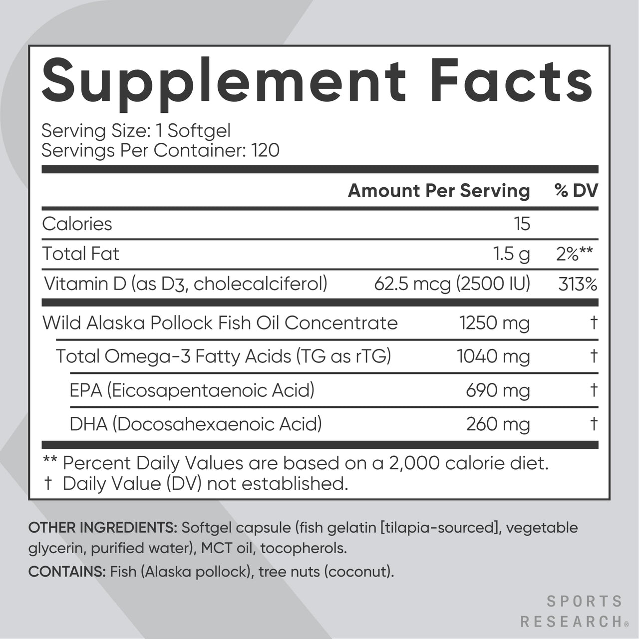 Sports Research Triple Strength 1040mg Omega-3 from Wild Alaska Pollock with Vitamin D3 2500iu | 2-in-1 Vitamin D & Omega DHA Fish Oil Supplement Supporting Heart Health - 120 Softgels