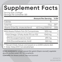 Thumbnail for Sports Research Triple Strength 1040mg Omega-3 from Wild Alaska Pollock with Vitamin D3 2500iu | 2-in-1 Vitamin D & Omega DHA Fish Oil Supplement Supporting Heart Health - 120 Softgels