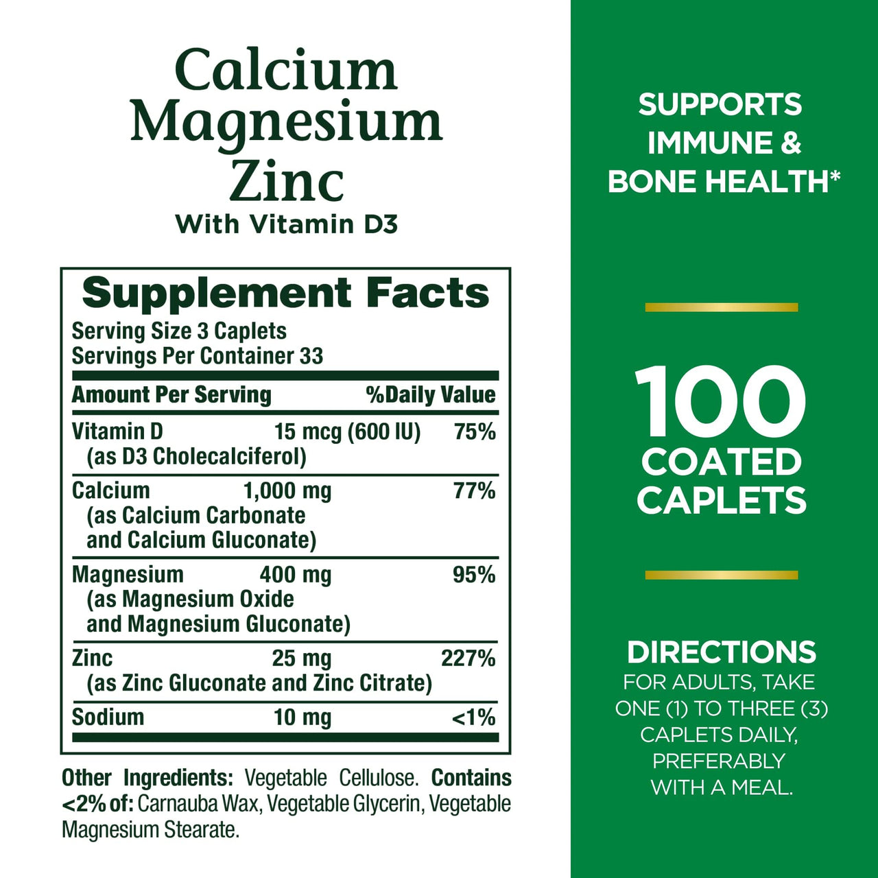 Nature's Bounty Calcium Magnesium & Zinc Caplets, 100Count,