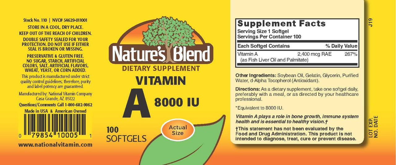 Nature's Blend Vitamin A 8000 IU - 100 Softgels - Supports Eye Health, Immune Function for Vision Support