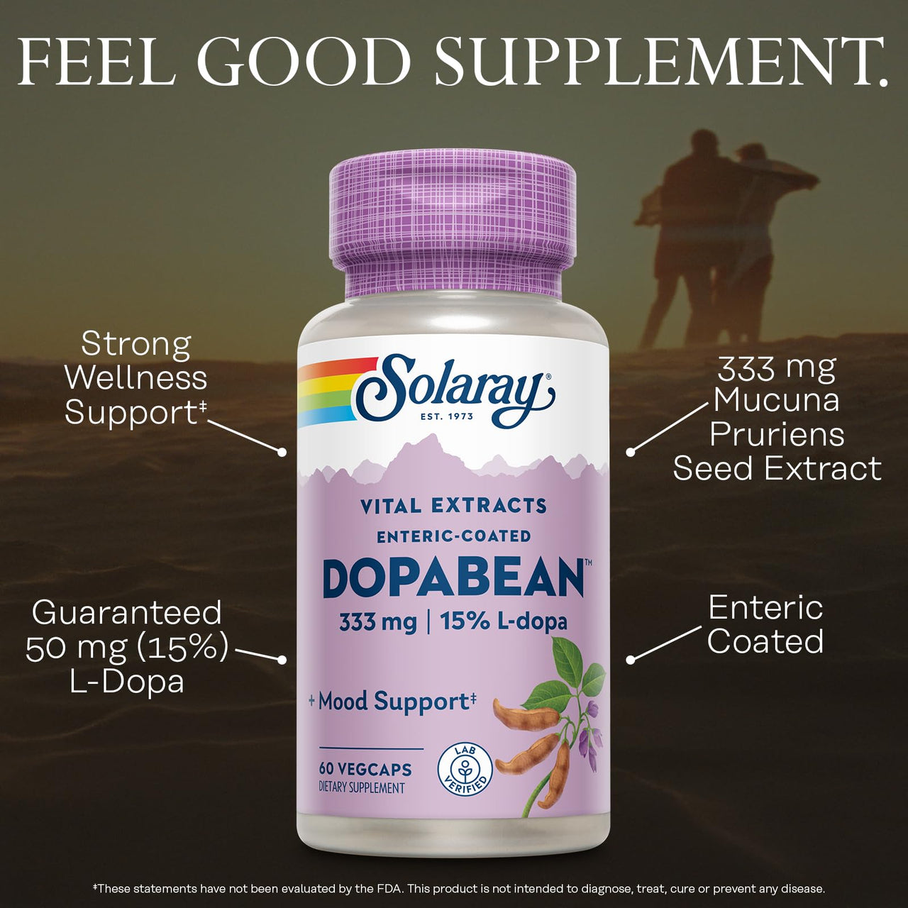 SOLARAY Dopabean 333mg - Mucuna Pruriens L-Dopa - Wellness Support Supplement - Velvet Beans Seed Extract with 15% L Dopa Plus Alpha Galactosidase - Enteric Coated, 60-Day Guarantee - 60 Servings