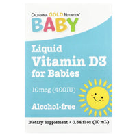 Thumbnail for California Gold Nutrition Baby Vitamin D3 by - Liquid D3 Supplement for Babies, Vegetarian Friendly - Alcohol & Gluten Free, Non-GMO - 10 mcg (400 IU) - 0.34 fl oz (10 ml)