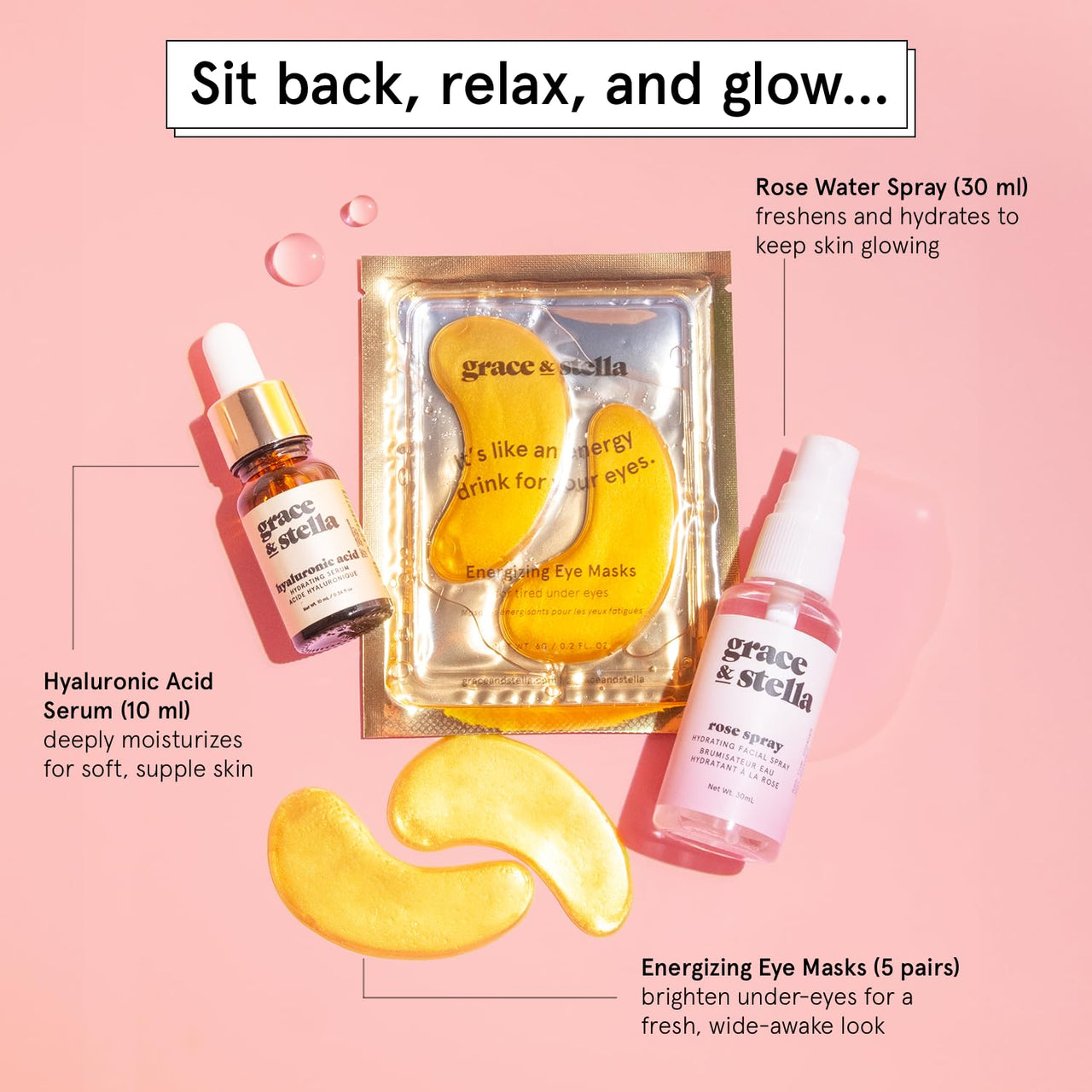 grace & stella Award-Winning Skin Care Set - Gifts for Women - Travel Essentials with Gold Eye Masks, Hyaluronic Acid Serum & Rose Spray, Beauty Gift Set - Birthday & Bachelorette Favors