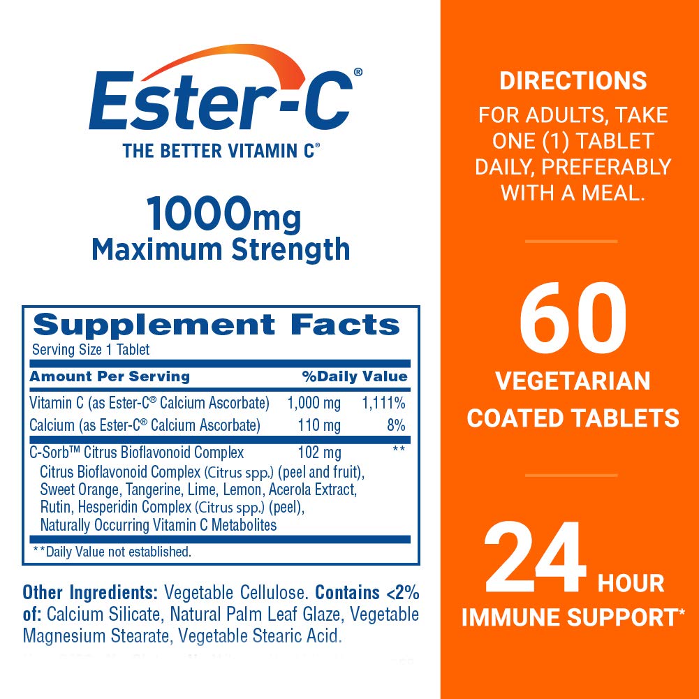 Ester-C Vitamin C, 1,000 mg, 60 Coated Tablets (Packaging May Vary)